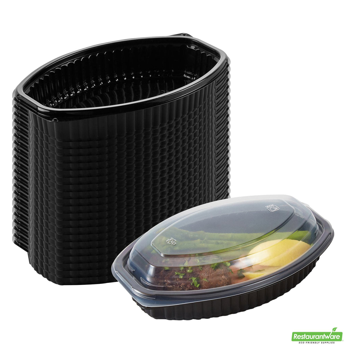 Containers, Food, RW Base 16 Ounce, Microwavable Plastic, Black, 8 x 5.50 x 2.25 Inch, Oval, Includes Clear Lid,50 - 1 EACH