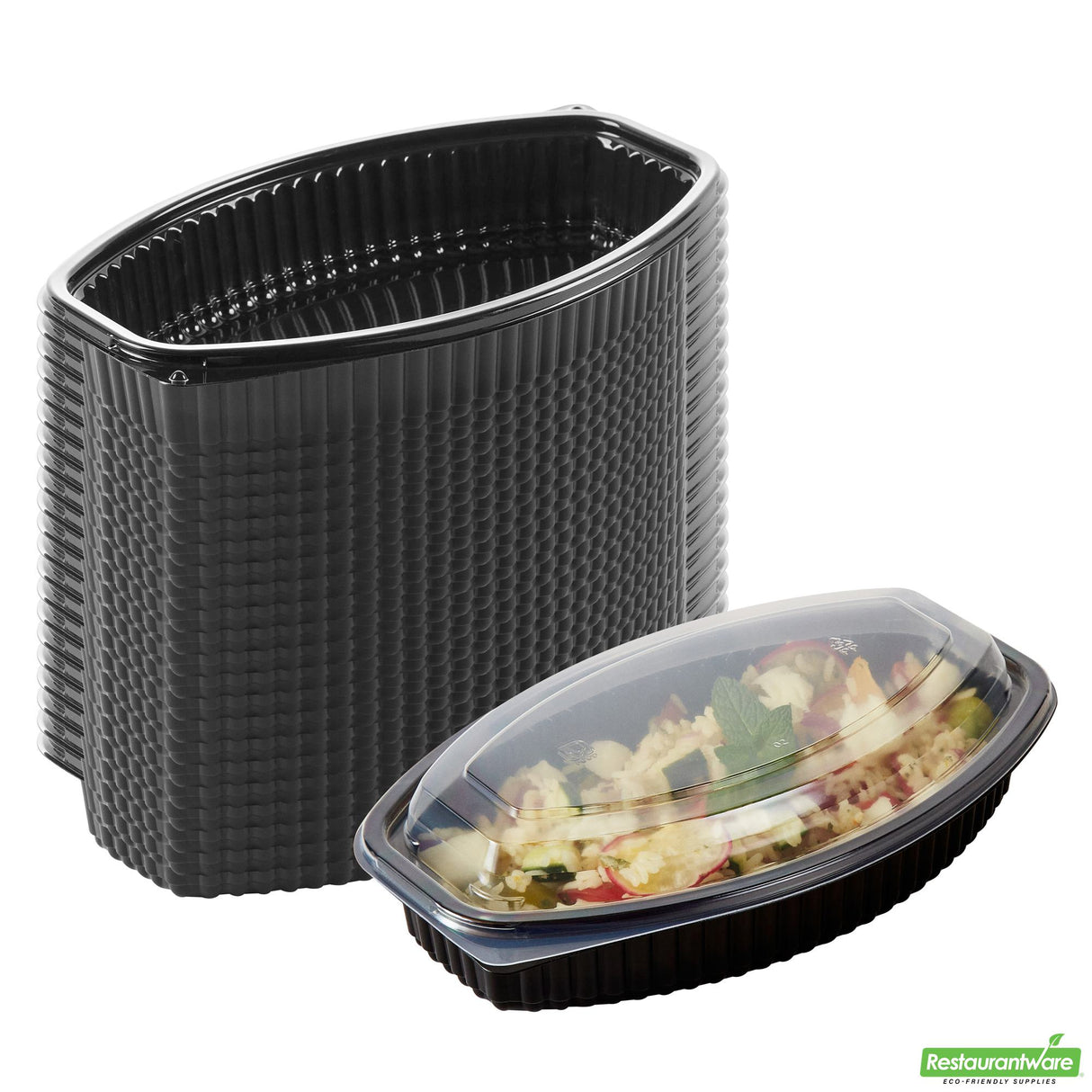 Containers, Food, RW Base 24 Ounce, Microwavable Plastic, Black, 9.25 x 5.75 x 2.50 Inch, Oval, Includes Clear Lid,50 - 1 EACH