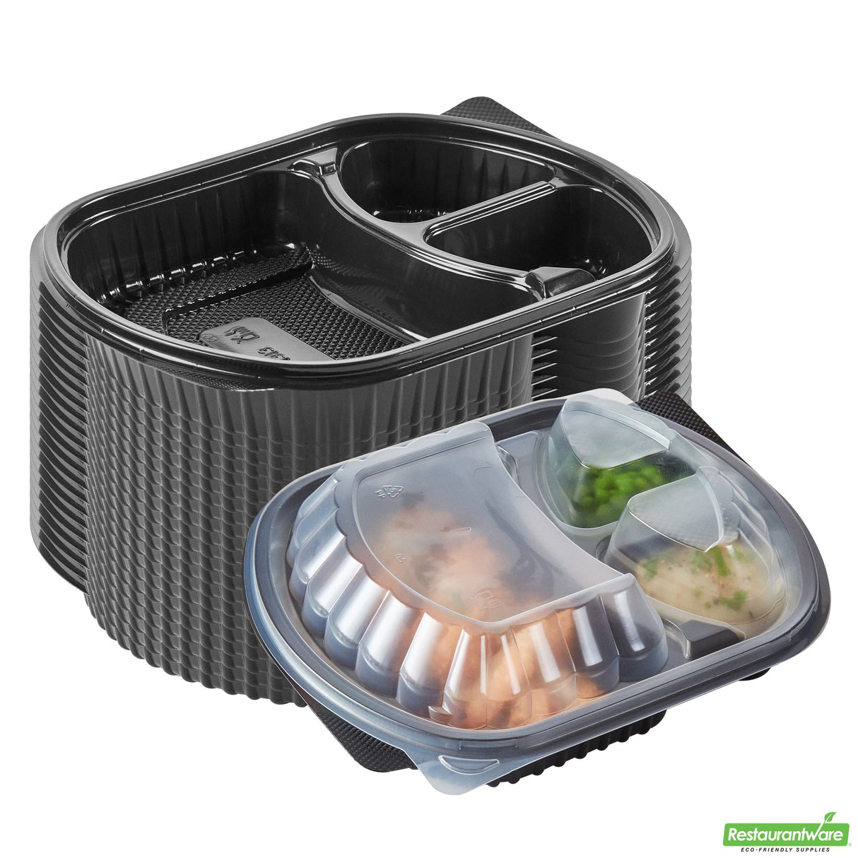 Containers, 3-Compartment, RW Base 27 Ounce, Microwavable Plastic, Black, 9.50 x 8 x 2.75 Inch, Oval, Includes Clear Lid,50 - 1 EACH