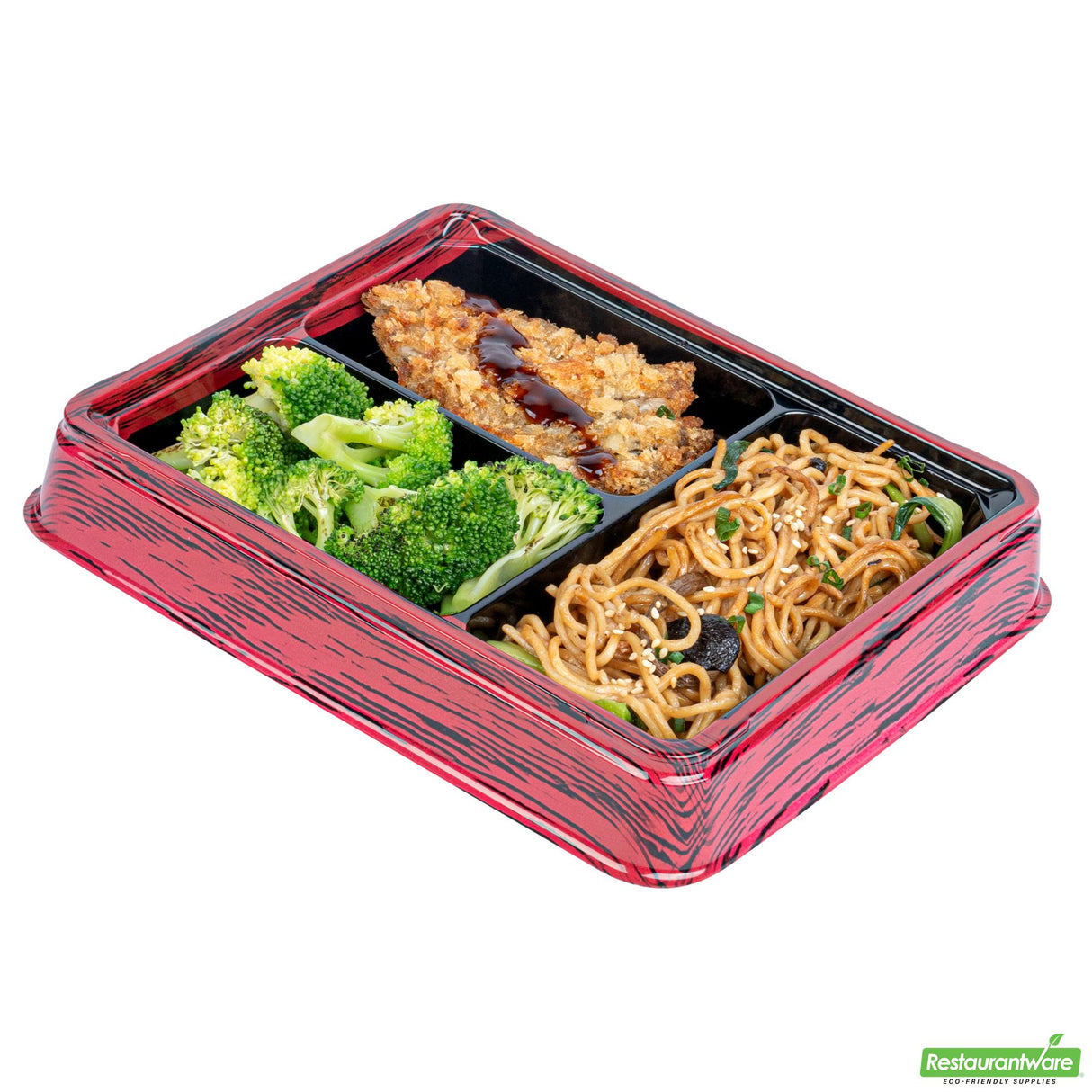 Boxes, 3-Compartment, Bento Tek 16 Ounce, Plastic, Red & Black, 8.75 x 7.50 x 1.25 Inch, Rectangular,50 - 1 EACH