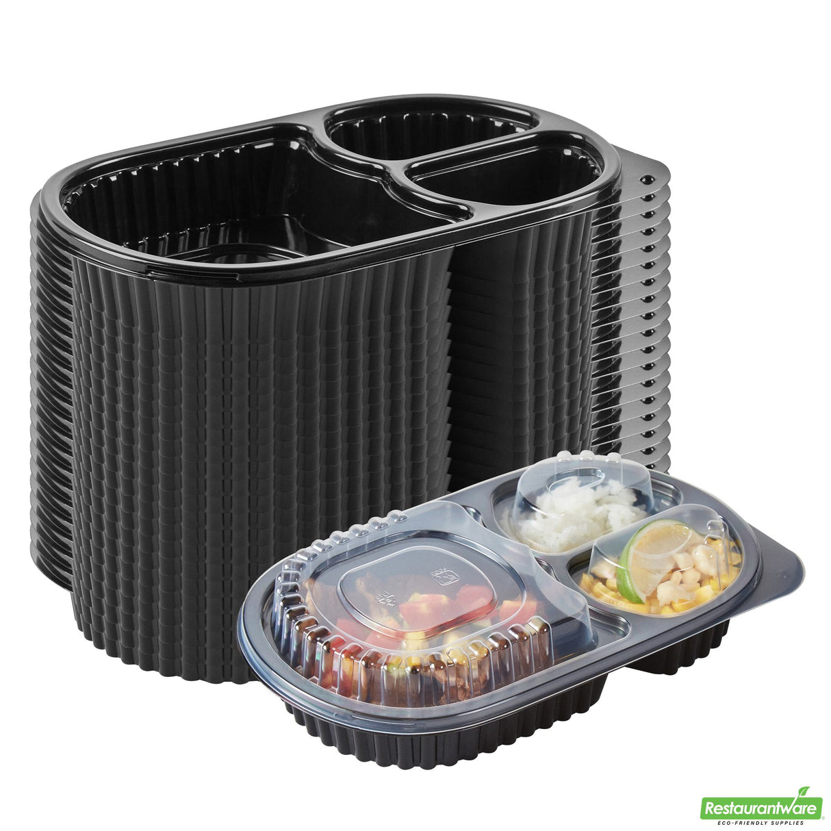 Containers, 3-Compartment, RW Base 19 Ounce, Microwavable Plastic, Black, 9.25 x 6 x 2.25 Inch, Oval, Includes Clear Lid,50 - 1 EACH
