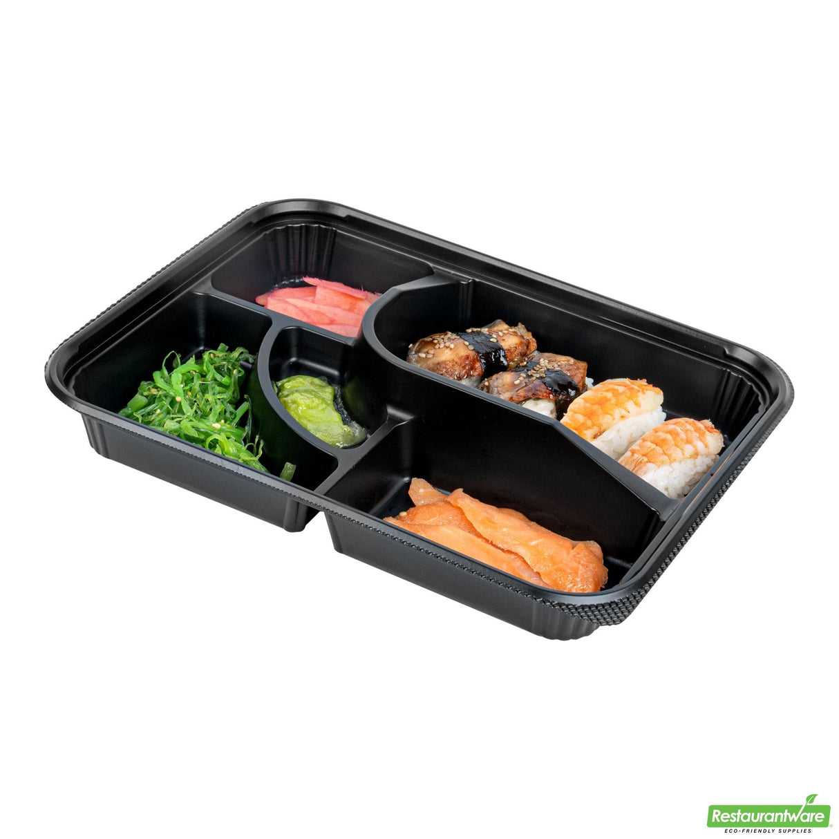 Boxes, 5-Compartment, Bento Tek 26 Ounce, Plastic, Black, 10.50 x 8 x 1.75 Inch, Rectangular,50 - 1 EACH