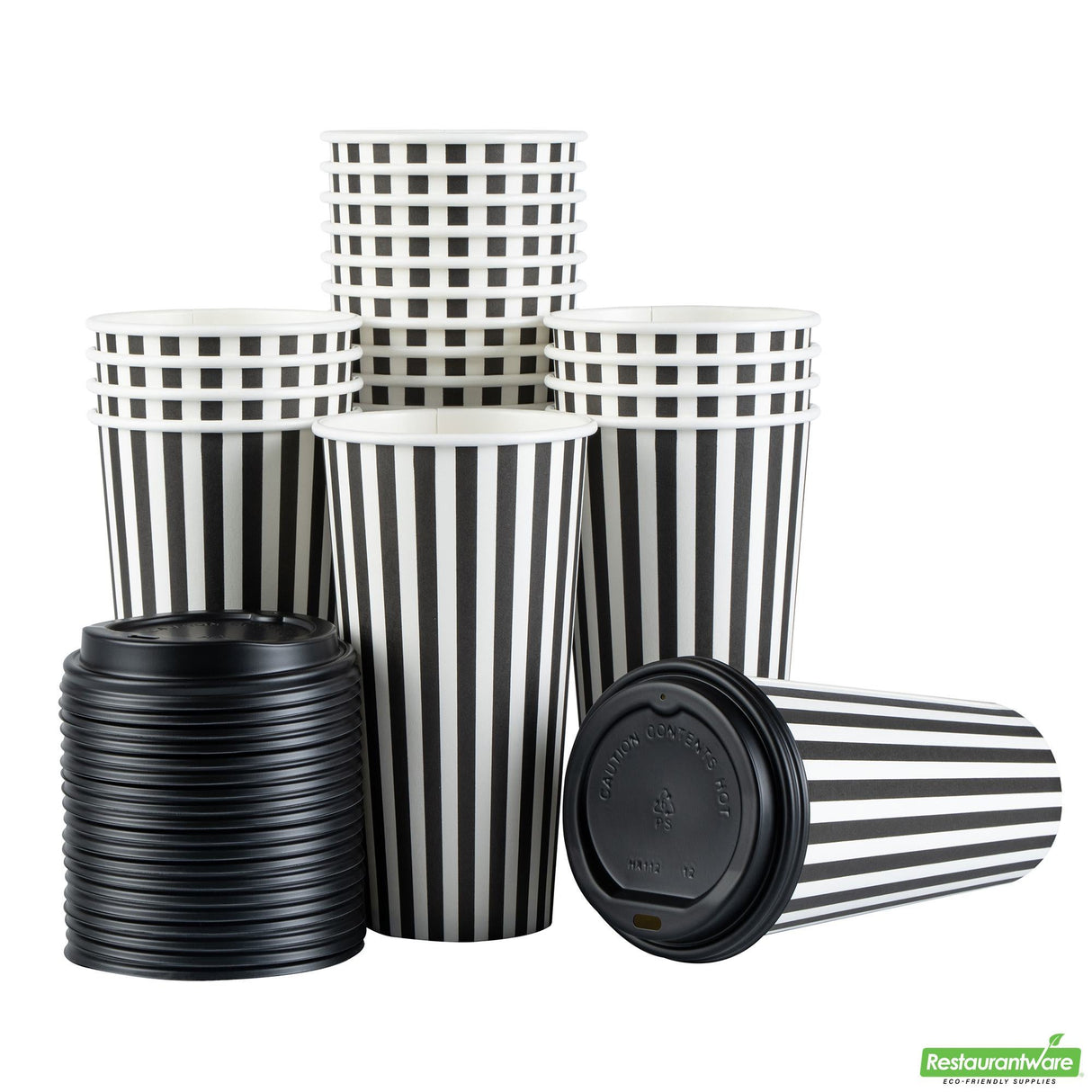 Cups, Hot, Restpresso 20 Ounce, Paper, Black & White Stripe, Single Wall, 3.50 x 3.50 x 6.25 Inch, with Black Lid,20 - 1 EACH