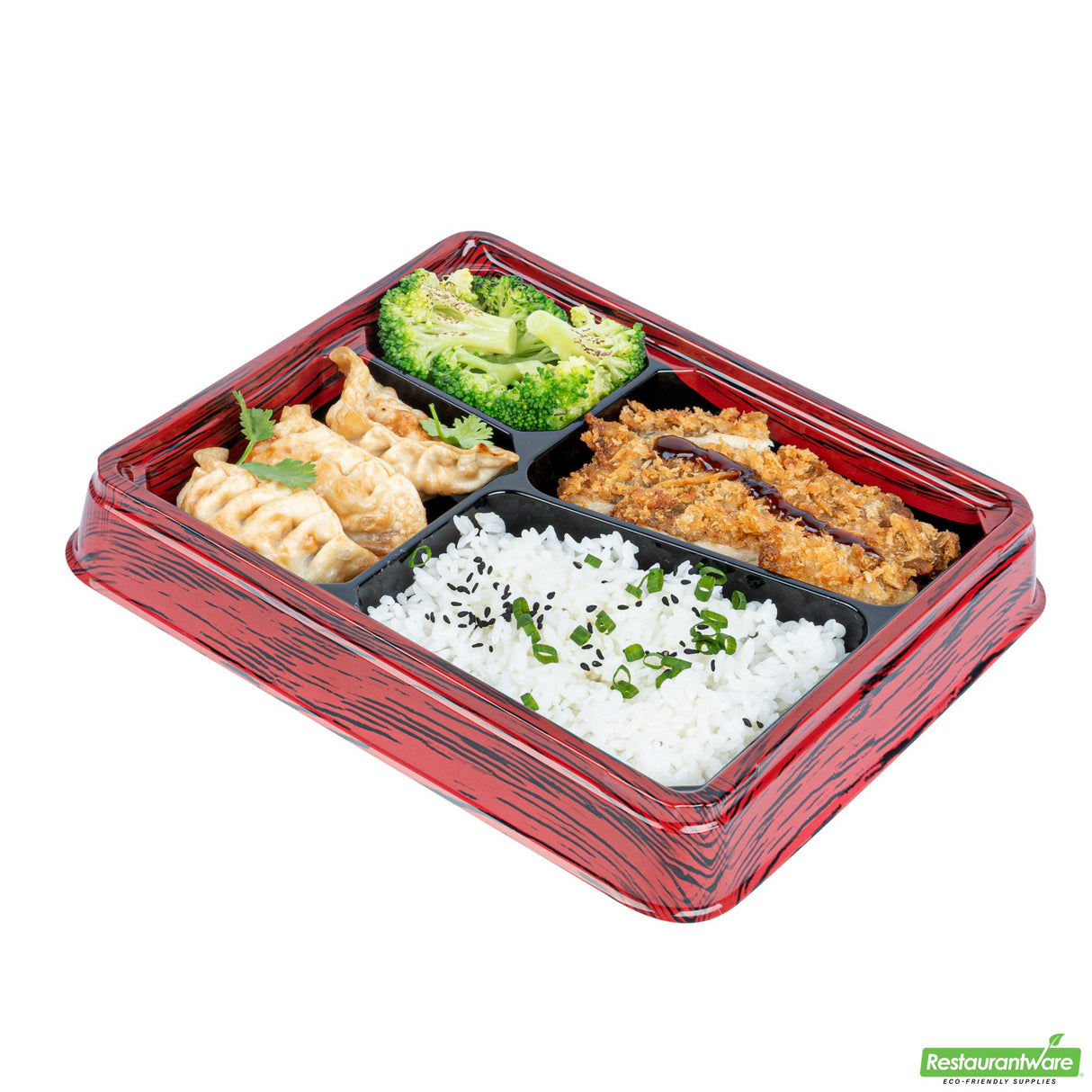Boxes, 4-Compartment, Bento Tek 19 Ounce, Plastic, Red & Black, 9.25 x 7.75 x 1.25 Inch, Rectangular,50 - 1 EACH
