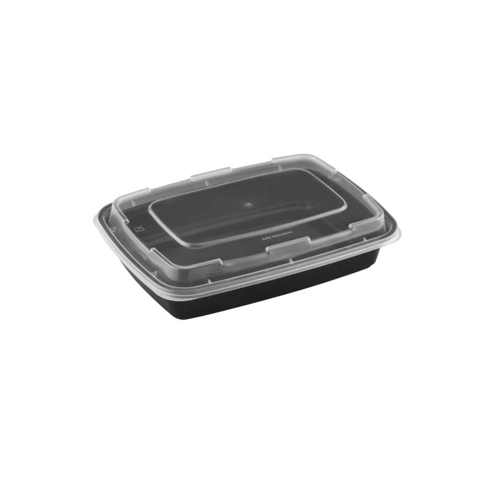 Container, 28 Ounce, Microwaveable Plastic, Black, Rectangle, With Lid,150 - 1 COUNT