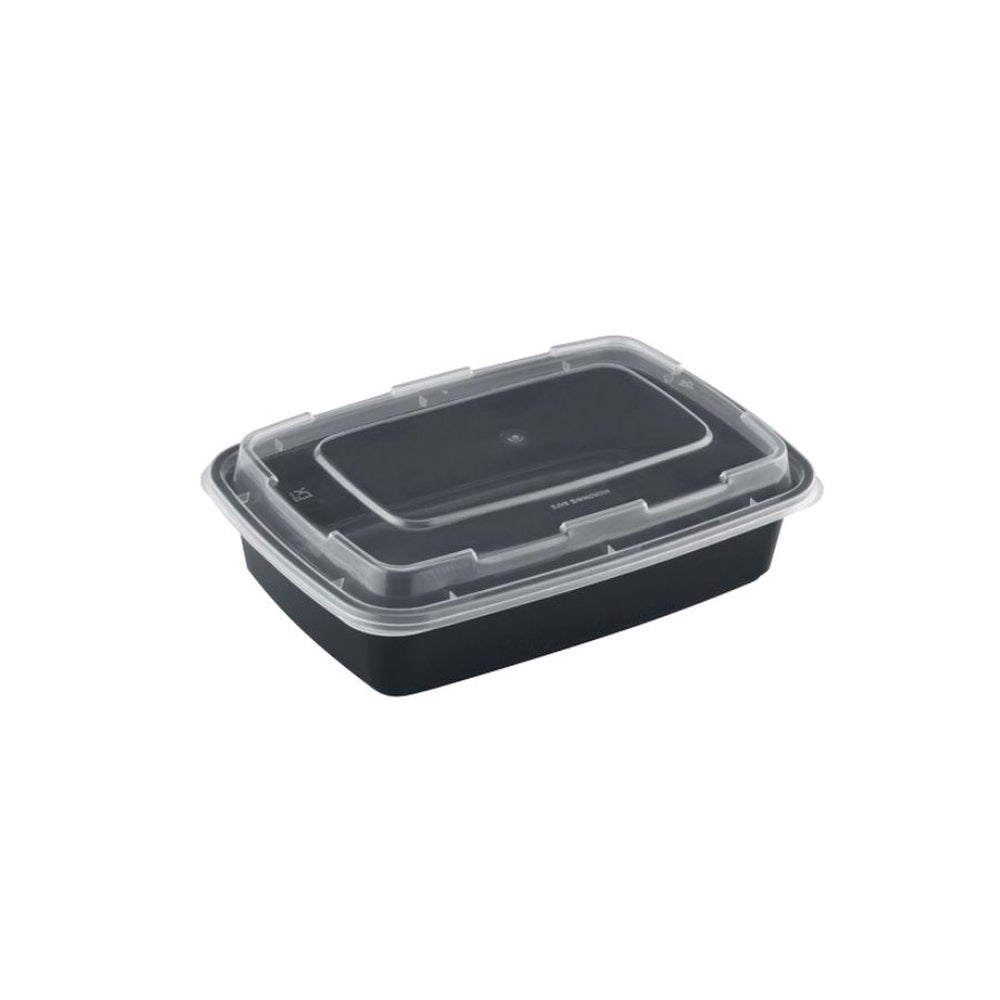 Container, 38 Ounce, Microwaveable Plastic, Black, Rectangle, With Lid,150 - 1 COUNT