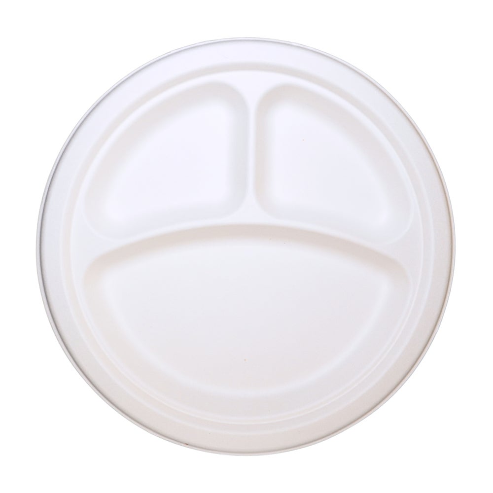 Plates, 3-Compartment, 10 Inch, Paper, White, Round, Compostable,500 - 1 COUNT