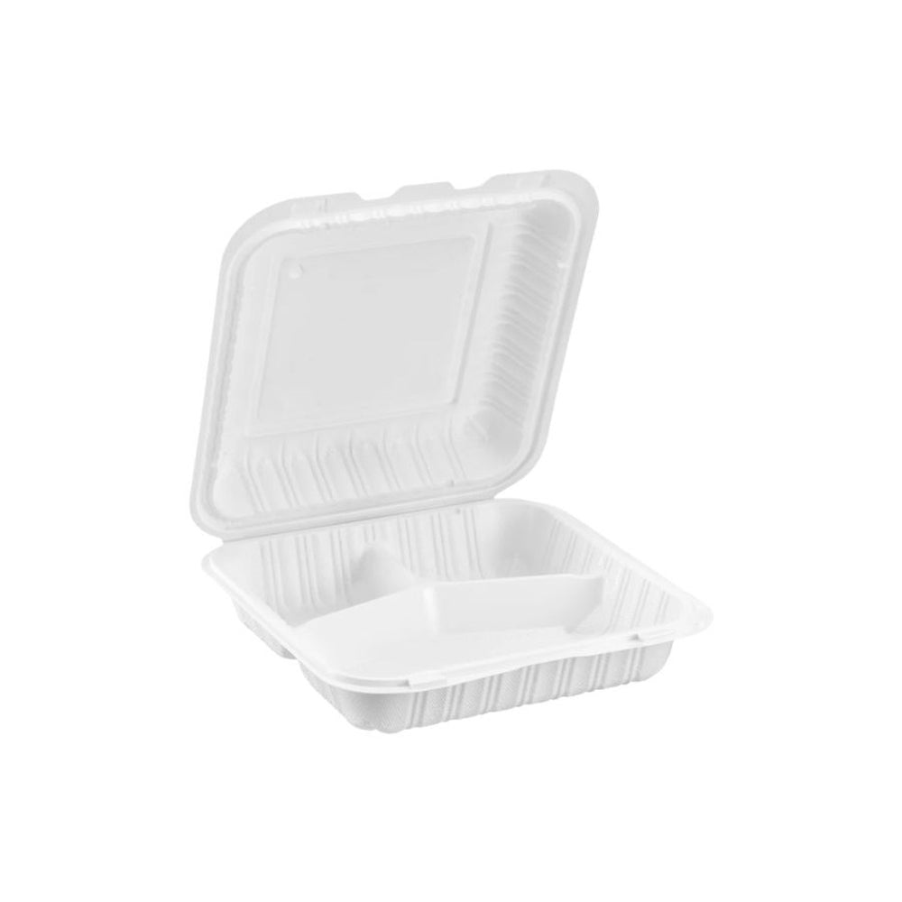 Container, 3-Compartment, 8 x 8 Inch, Microwaveable Plastic, White, Hinged, Vented, MFPP,150 - 1 COUNT