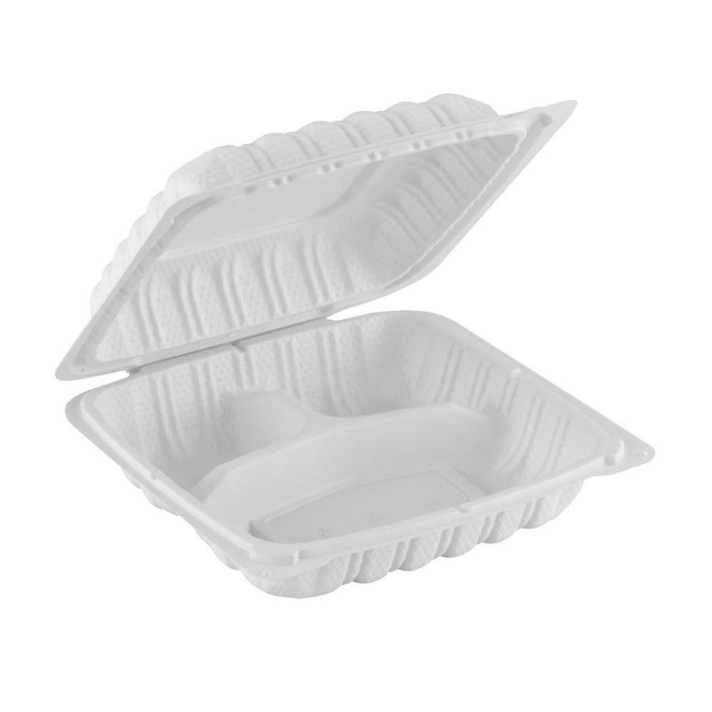 Container, 3-Compartment, 8 x 8 Inch, Plastic, White, Clamshell, MFPP,150 - 1 COUNT