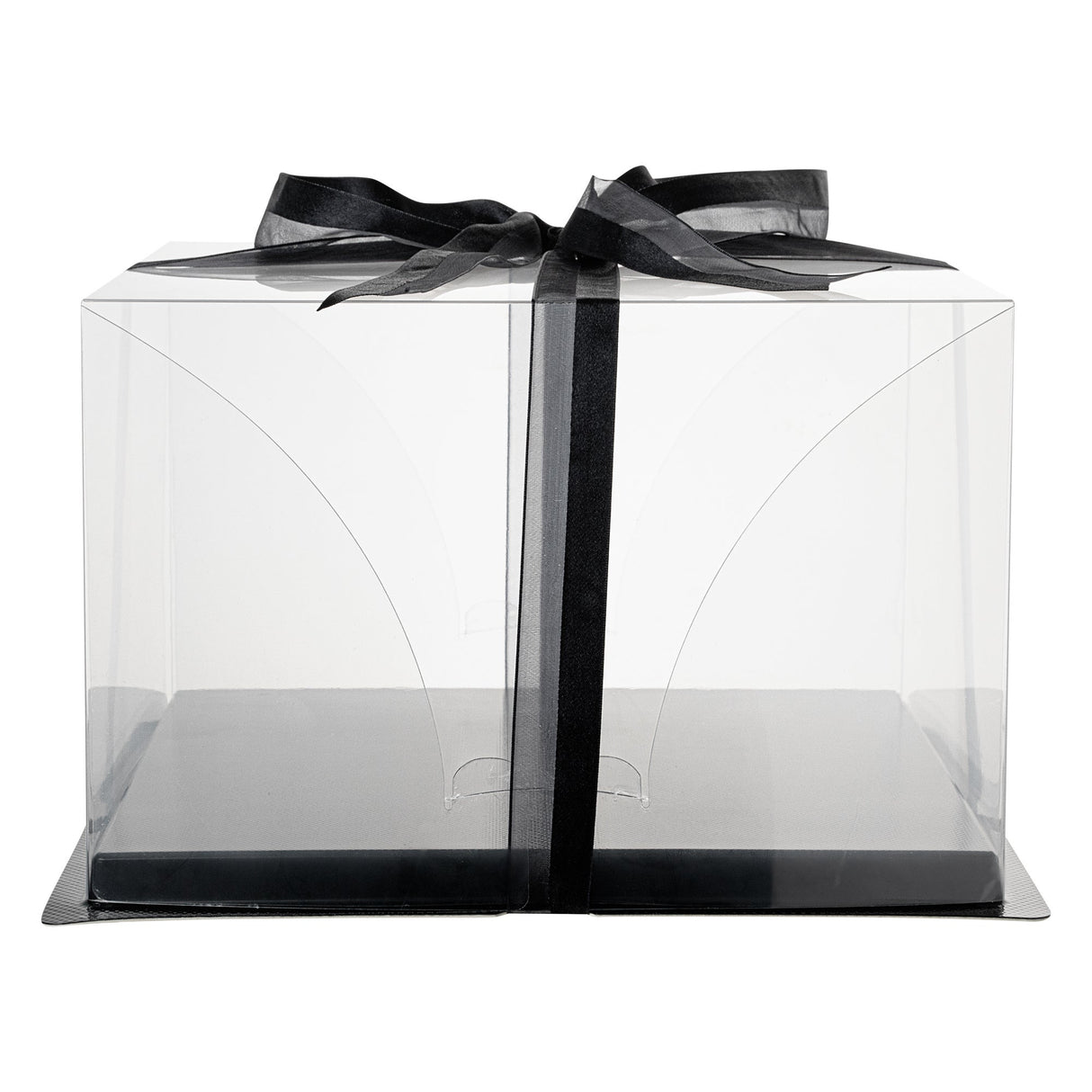 Boxes, Cake, 10 x 10 x 6.75 Inch, Plastic, Clear, Square, with Black Base & Black Ribbon,1 - 10 COUNT