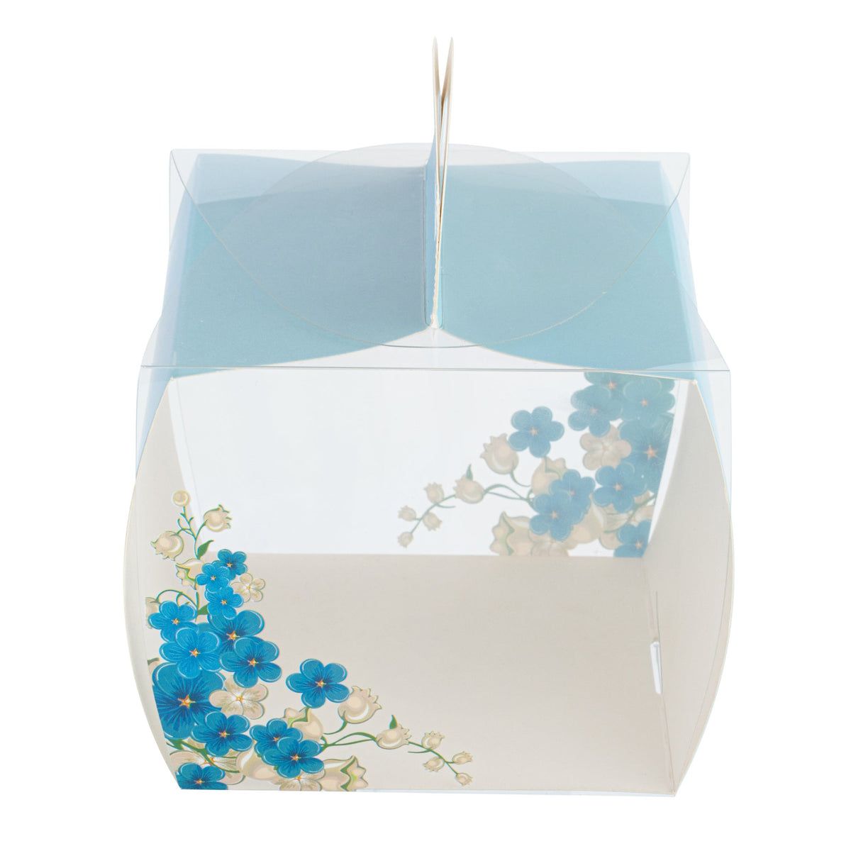 Boxes, Cupcake, 4 x 4 x 4.25 Inch, Plastic with Paper Wrap, Clear & Blue, Square, with Handle & Flower Accent,1 - 100 COUNT