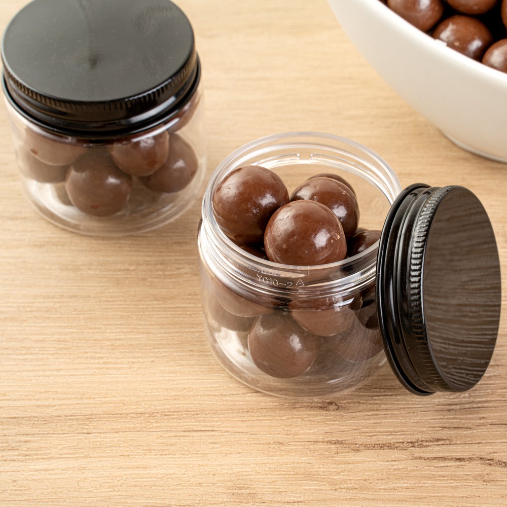 Jars, Candy & Snack, RW Base 2 Ounce, Plastic, Clear, with Black Aluminum Lid, 2 x 2 x 1.75 Inch,10 - 1 EACH