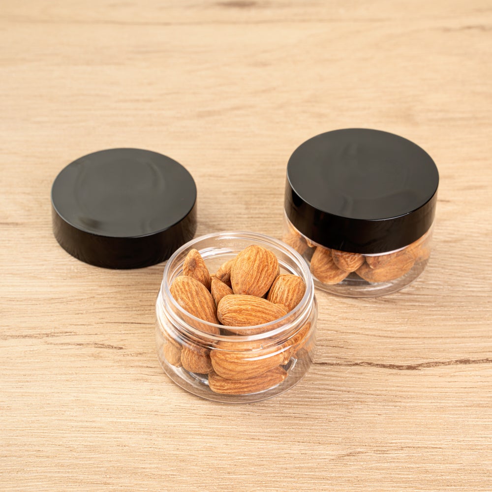 Jars, Candy & Snack, RW Base 1 Ounce, Plastic, Clear, with Black Plastic Lid, 2 x 2 x 1.25 Inch,10 - 1 EACH
