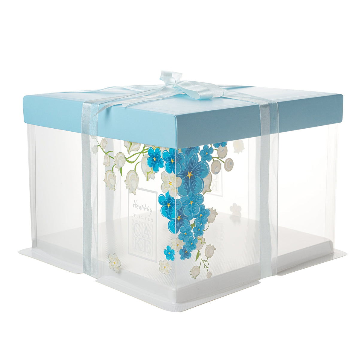 Boxes, Cake, Sweet Vision 8.5 x 8.5 x 6.75 Inch, Plastic, Clear, Square, with Blue Lid & Ribbon/White Base/Flower Accent,1 - 10 COUNT