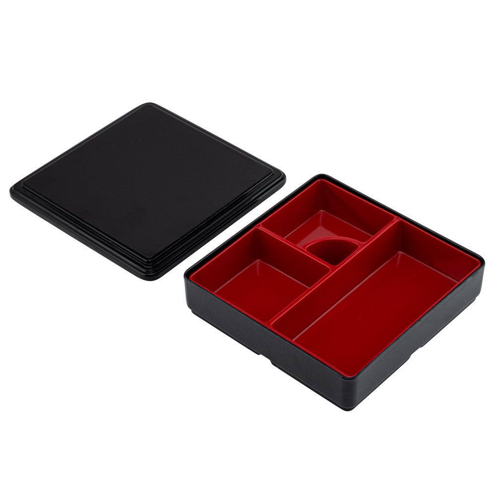 Box, Japanese Style Bento 4-Compartment, 8.25 x 8.25 x 2.25 Inch, Plastic, Black & Red, ABS,1 - 1 EACH