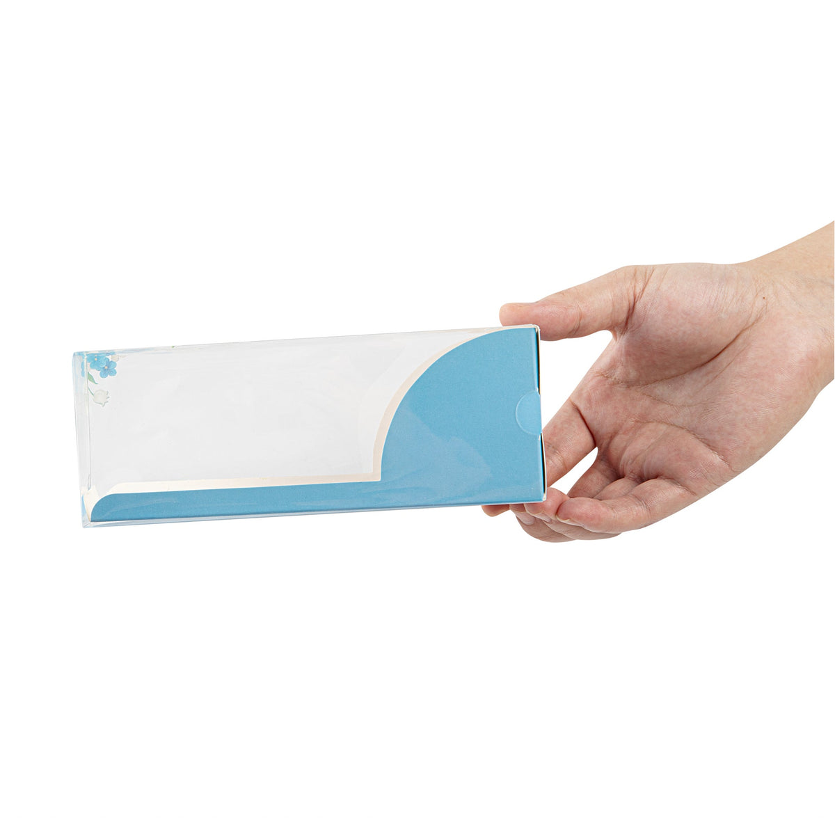 Boxes, Eclair, 7 x 2.5 x 2.5 Inch, Plastic with Paper Sleeve, Clear & Blue, Rectangle, with Flower Accent,1 - 100 COUNT