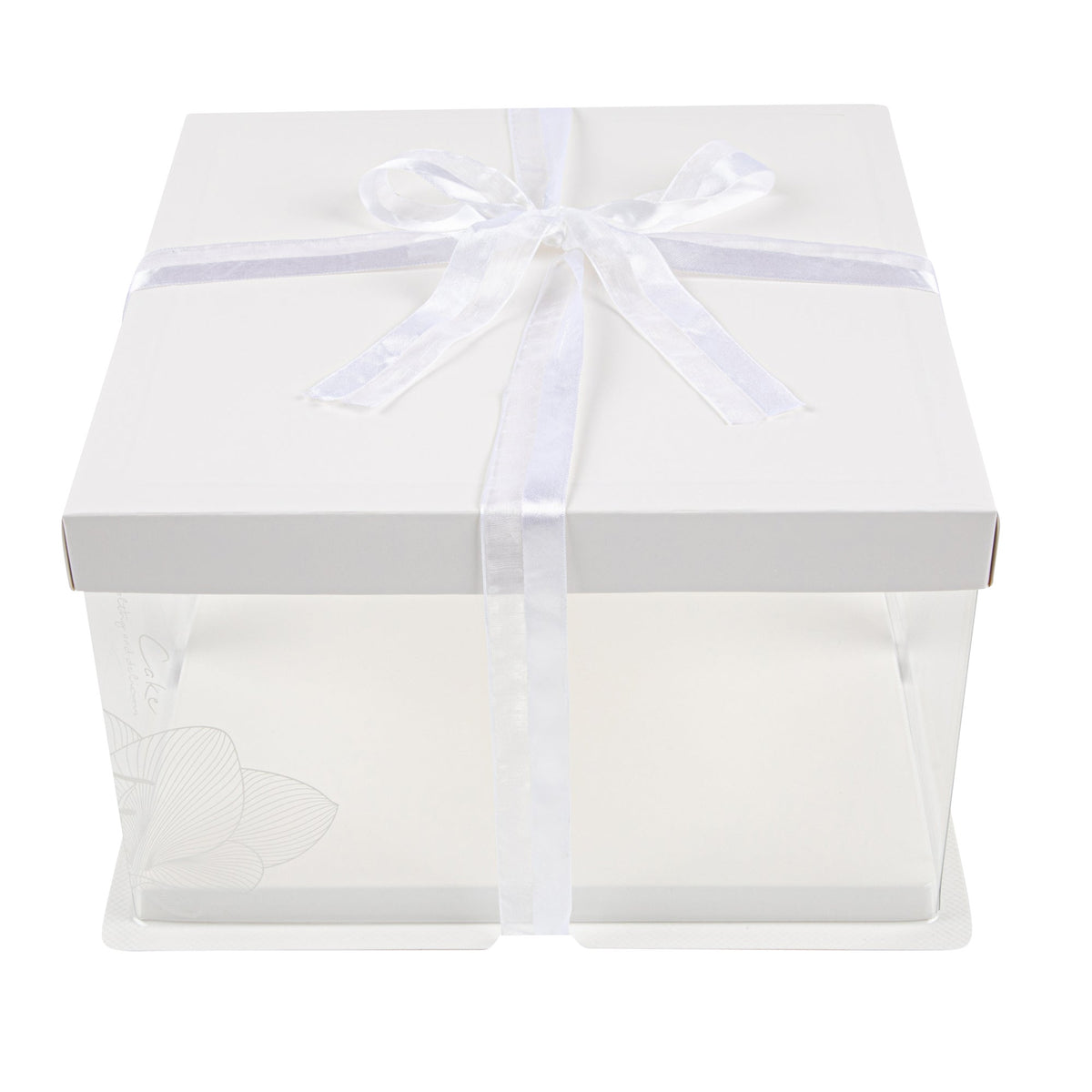 Boxes, Cake, Sweet Vision 10 x 10 x 8.25 Inch, Plastic, Clear, Square, with White Base & Lid/Gray Ribbon/Lotus Accent,1 - 10 COUNT
