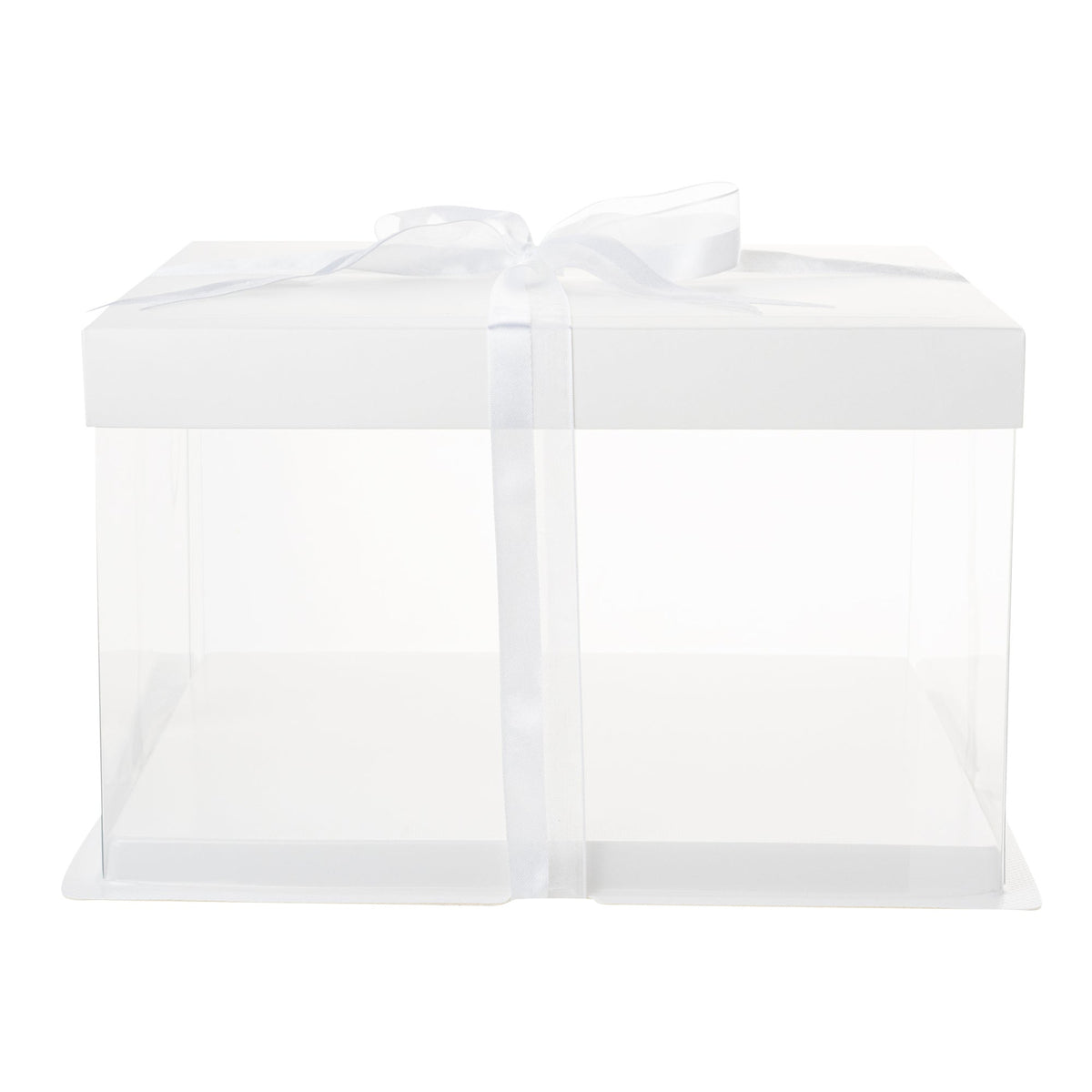 Boxes, Cake, 10 x 10 x 6.75 Inch, Plastic, Clear, Square, with White Lid/White Base/Gray Ribbon,1 - 10 COUNT