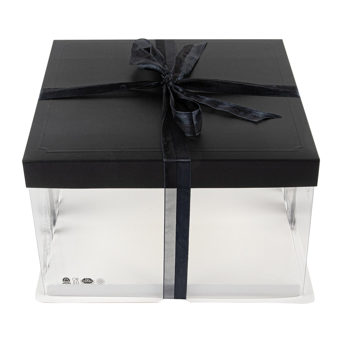 Boxes, Cake, 10 x 10 x 8.25 Inch, Square, Clear Plastic, White Base, Black Lid, Black Ribbon, Tree Accent,1 - 10 COUNT