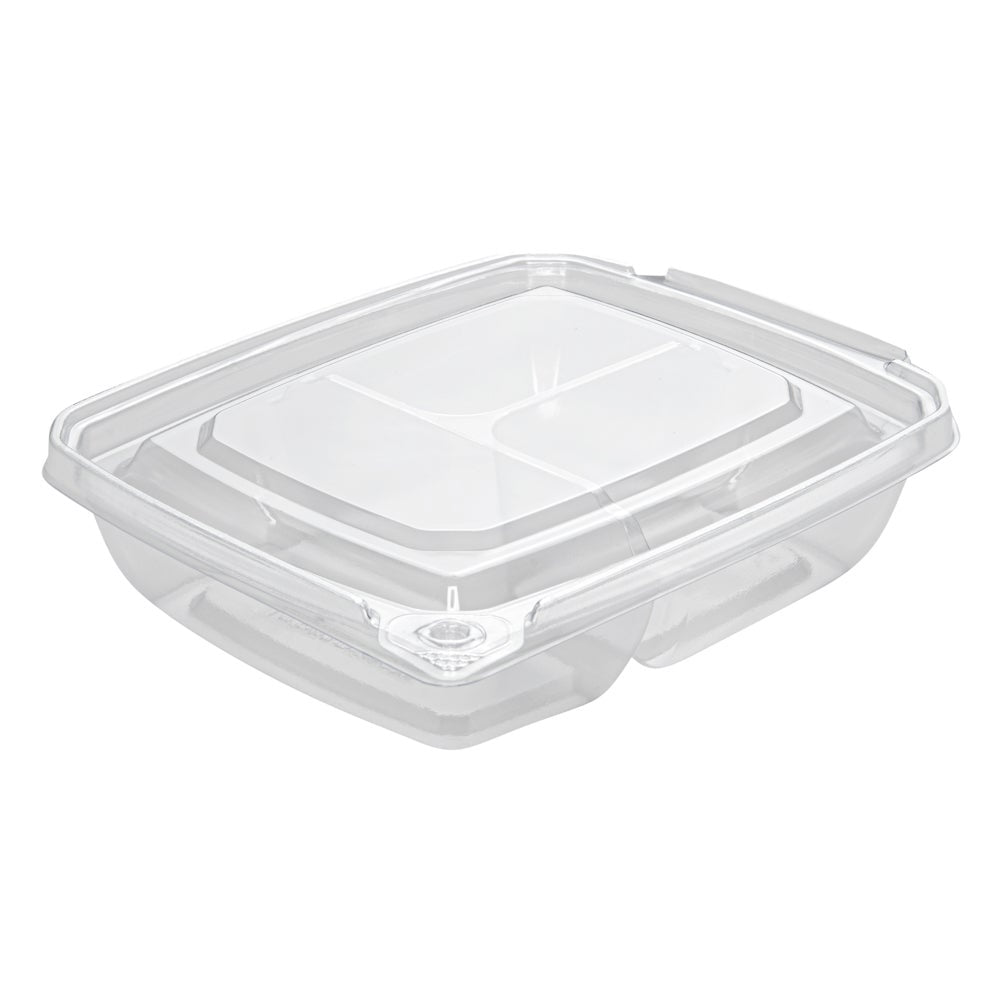 Containers, 3-Compartment, Tamper Tek 11 Ounce, Plastic, Clear, 7 x 5.5 x 1.5 Inch, with Lid, Tamper-Evident,100 - 1 COUNT