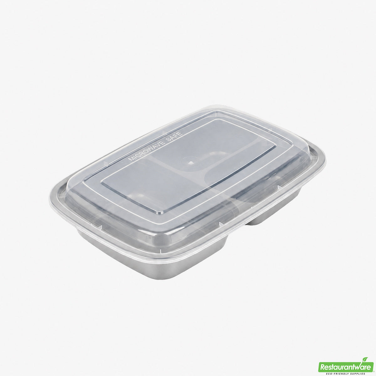 Containers, 3-Compartment Food, Asporto 26 Ounce, Microwavable Plastic, Silver, 8.75 x 6 x 1.50 Inch, Includes Clear Plastic Lid,2 - 50 COUNT