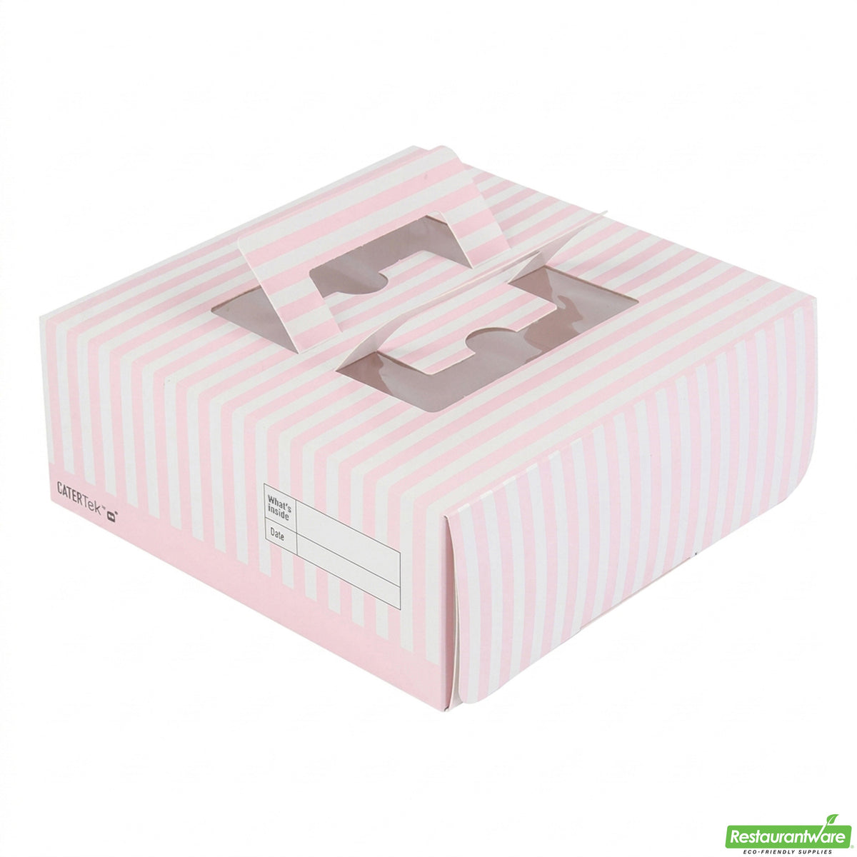 Boxes, Cake & Lunch, 9 x 9 x 3.50 Inch, Paper, Pinke & White Stripe, with Window & Pop-Up Handle,50 - 1 COUNT