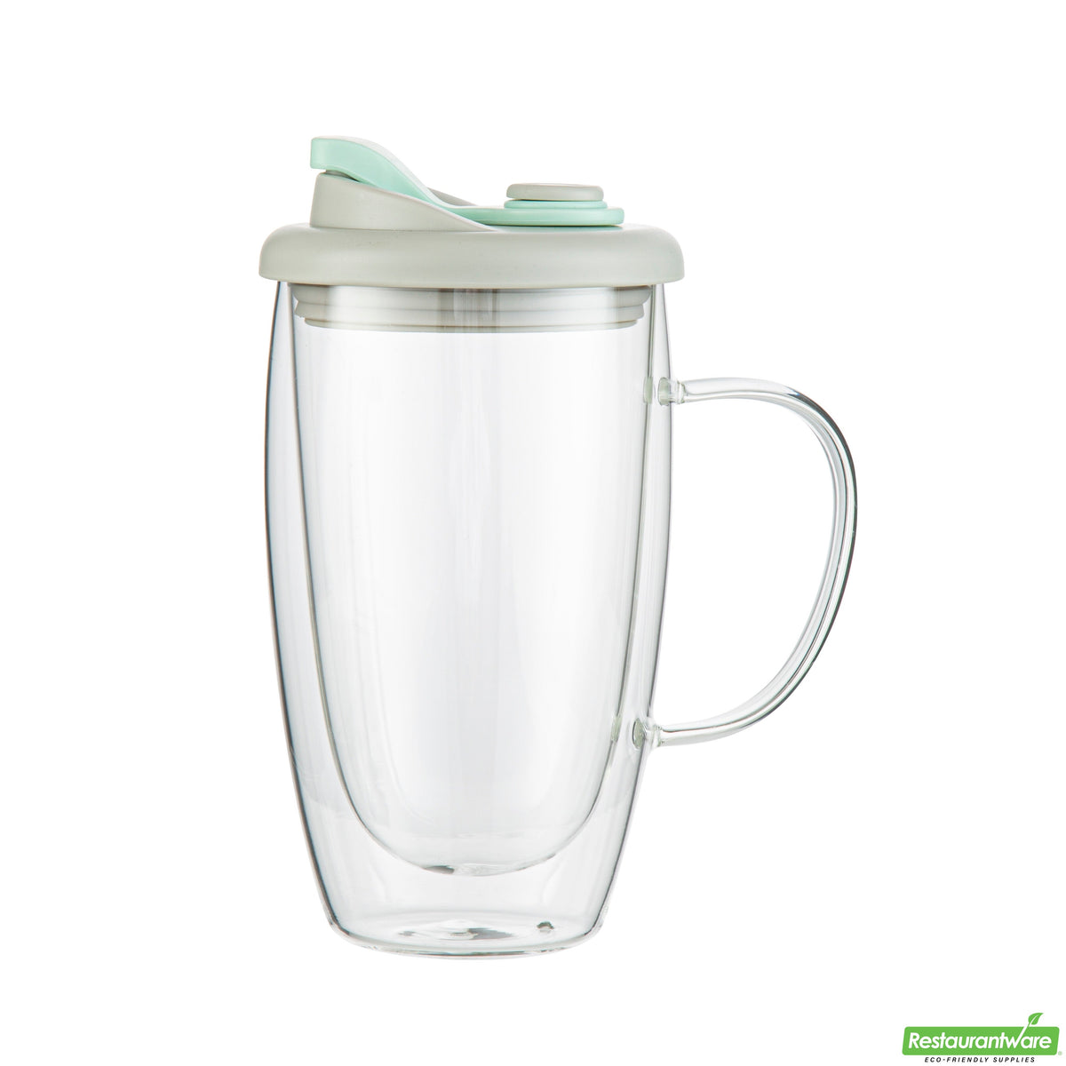 Mugs, Travel, Forma Glass, 15 Ounce, Double-Wall, Borosilicate, includes Gray & Green Lid,10 - 1 COUNT