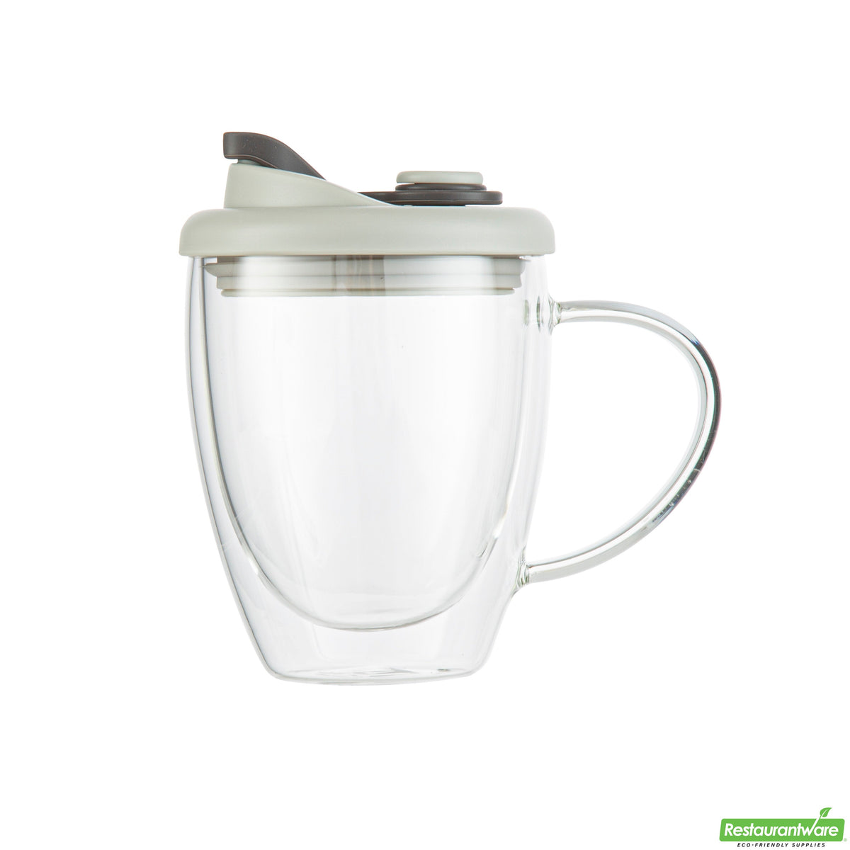 Mugs, Travel, 12 Ounce, Glass, Double Wall, with Handle & Gray Lid,10 - 1 COUNT