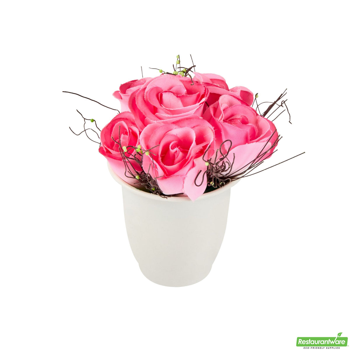 Roses, Pink, Faux, with 6 Blooms, in White Plastic Pot,1 - 12 COUNT