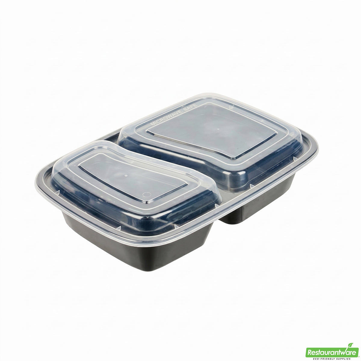 Containers, 2-Compartment, 32 Ounce-8.75 x 6 x 2 Inch, Microwavable Plastic, Black, with Lid,1 - 100 COUNT