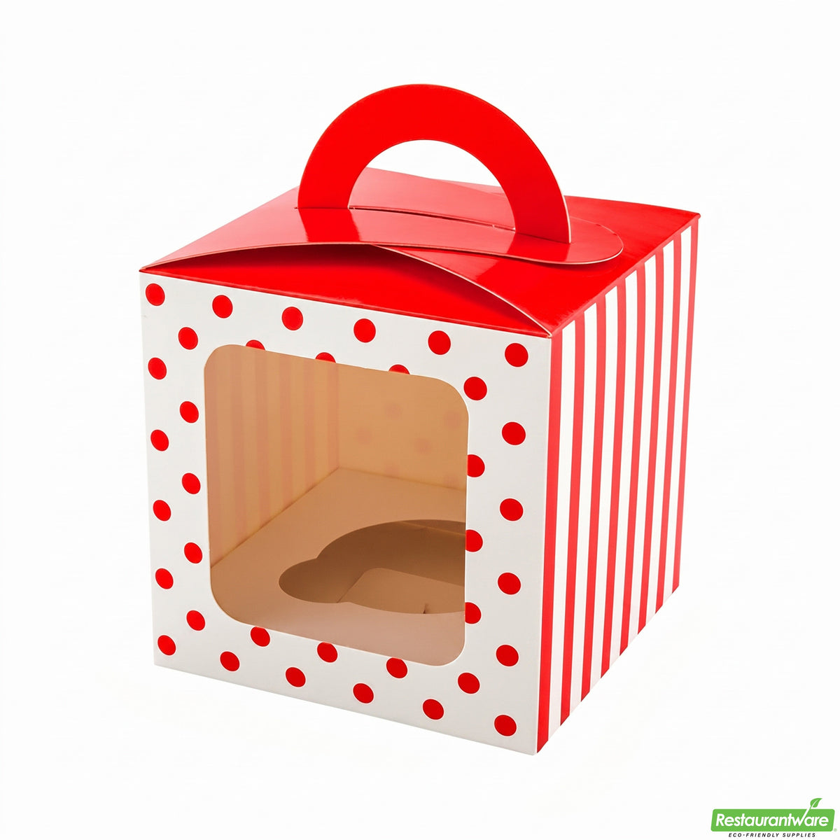 Boxes, Cupcake, 4.5 Inch, Paper, Red Polka Dot, Square, with Transparent Window & Handle,1 - 100 COUNT
