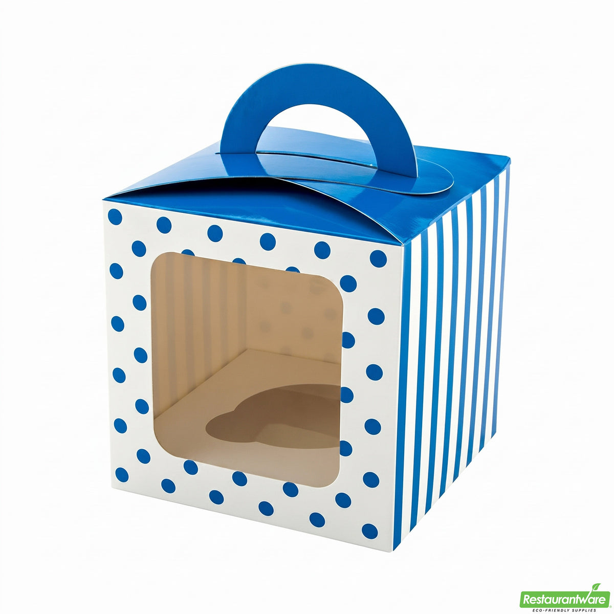 Boxes, Cupcake, 4.5 Inch, Paper, Blue Polka Dot, Square, with Transparent Window & Handle,1 - 100 COUNT