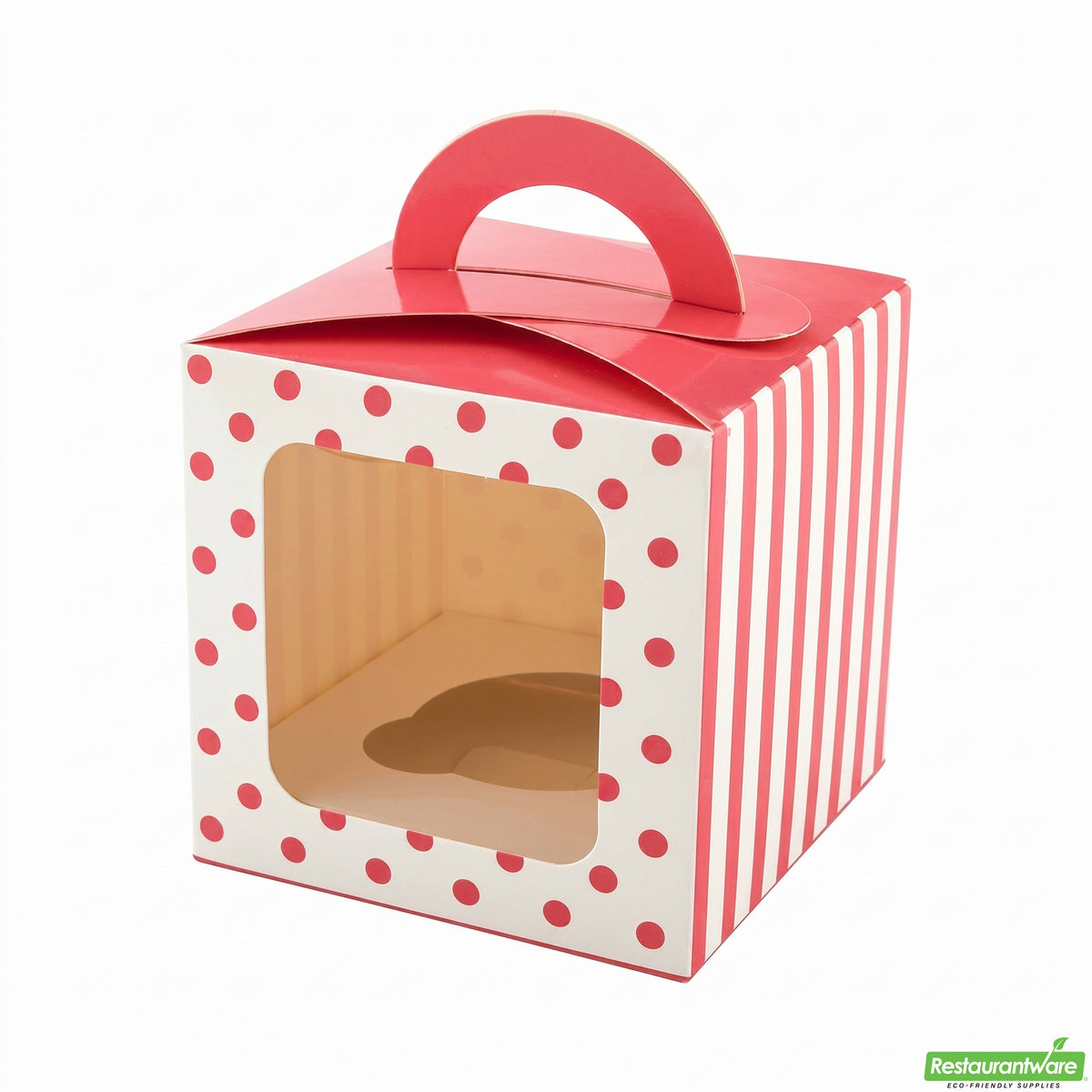 Boxes, Cupcake, 4.5 Inch, Paper, Pink Polka Dot, Square, with Transparent Window & Handle,1 - 100 COUNT