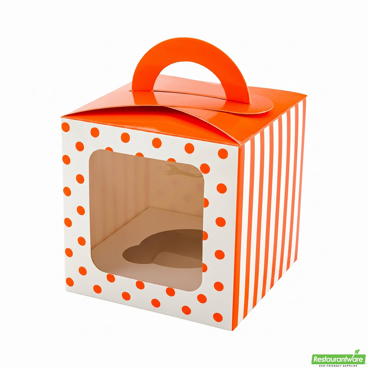 Boxes, Cupcake, 4.5 Inch, Paper, Orange Polka Dot, Square, with Transparent Window & Handle,1 - 100 COUNT