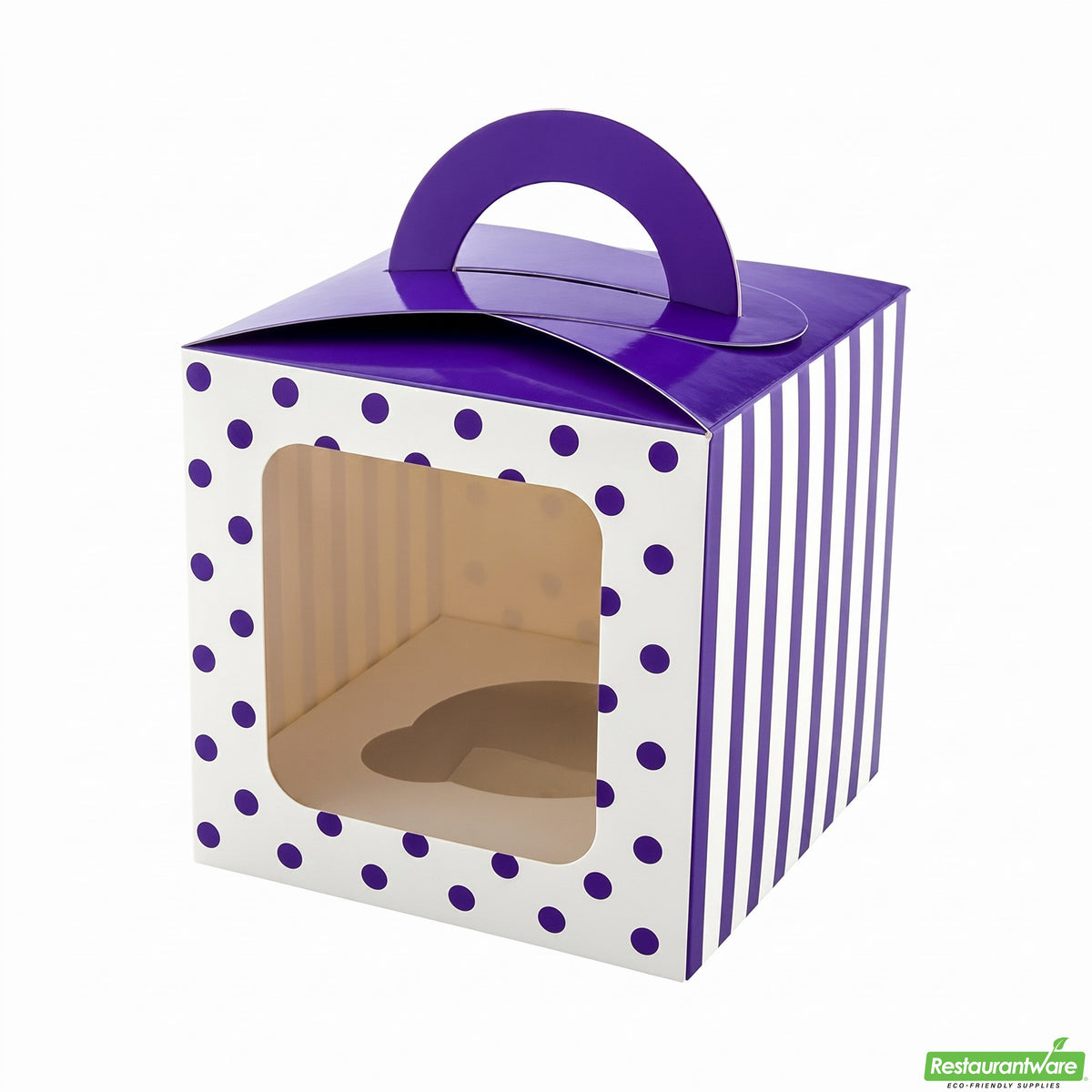 Boxes, Cupcake, 4.5 Inch, Paper, Purple Polka Dot, Square, with Transparent Window & Handle,1 - 100 COUNT