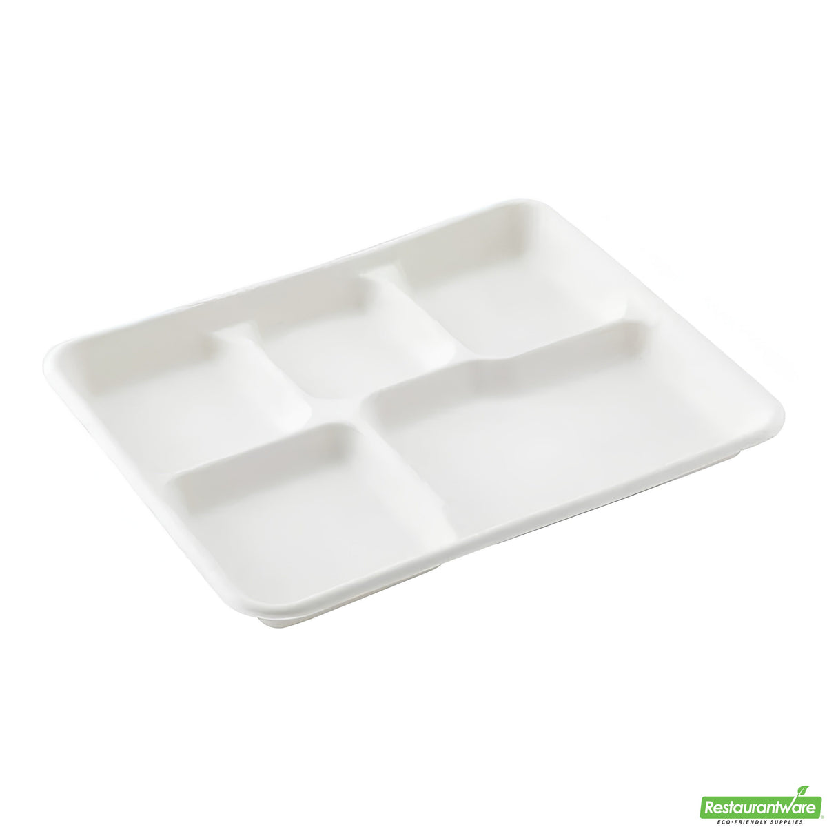 Trays, 5-Compartment, Pulp Tek 10.5 x 8.5 x 1 Inch, Sugarcane, White, Rectangular,1 - 100 COUNT