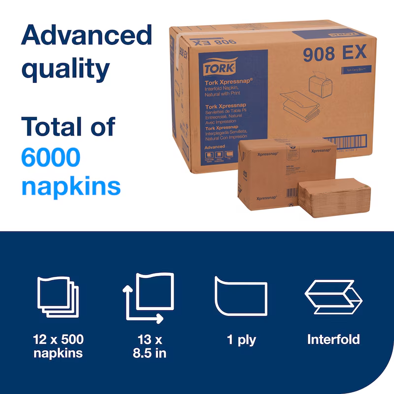 Napkins, Interfolded Dispenser, 1-Ply, Natural, 13 x 8.5 Inch,12 - 500 COUNT