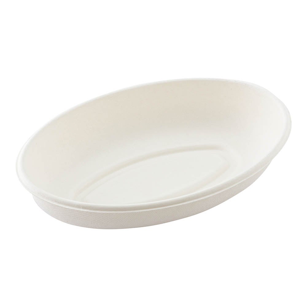 Plates, Salad, 18 Ounce 8 x 5.25 x 1.5 Inch, Sugarcane, White, Oval,1 - 100 COUNT