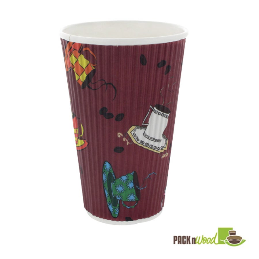 Cups, Rippled, 16 Ounce, Paper, Burgundy with Teacup Design, Biodegradeable, 16 Ounce,20 - 20 COUNT