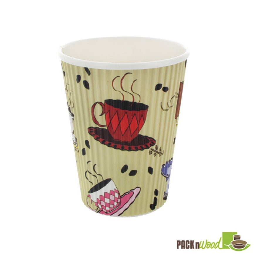 Cups, Rippled, 12 Ounce, Paper, Kraft with Teacup Design, Biodegradeable, 12 Ounce,20 - 25 COUNT