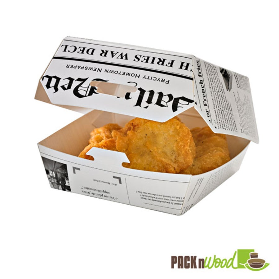 Boxes, Hamburger, 5.7 x 5.3 x 3.1 Inch, Paper Take-Out, White Newsprinted, Clamshell,10 - 50 COUNT