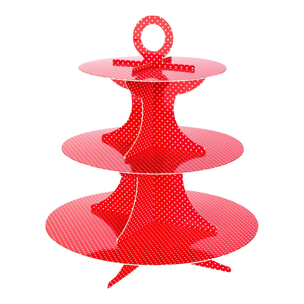 Stand, Cupcake, 3-Tier, Cardboard, Red with White Polka Dots, 13.5 x 13.5 x 14 Inch,1 - 1 EACH