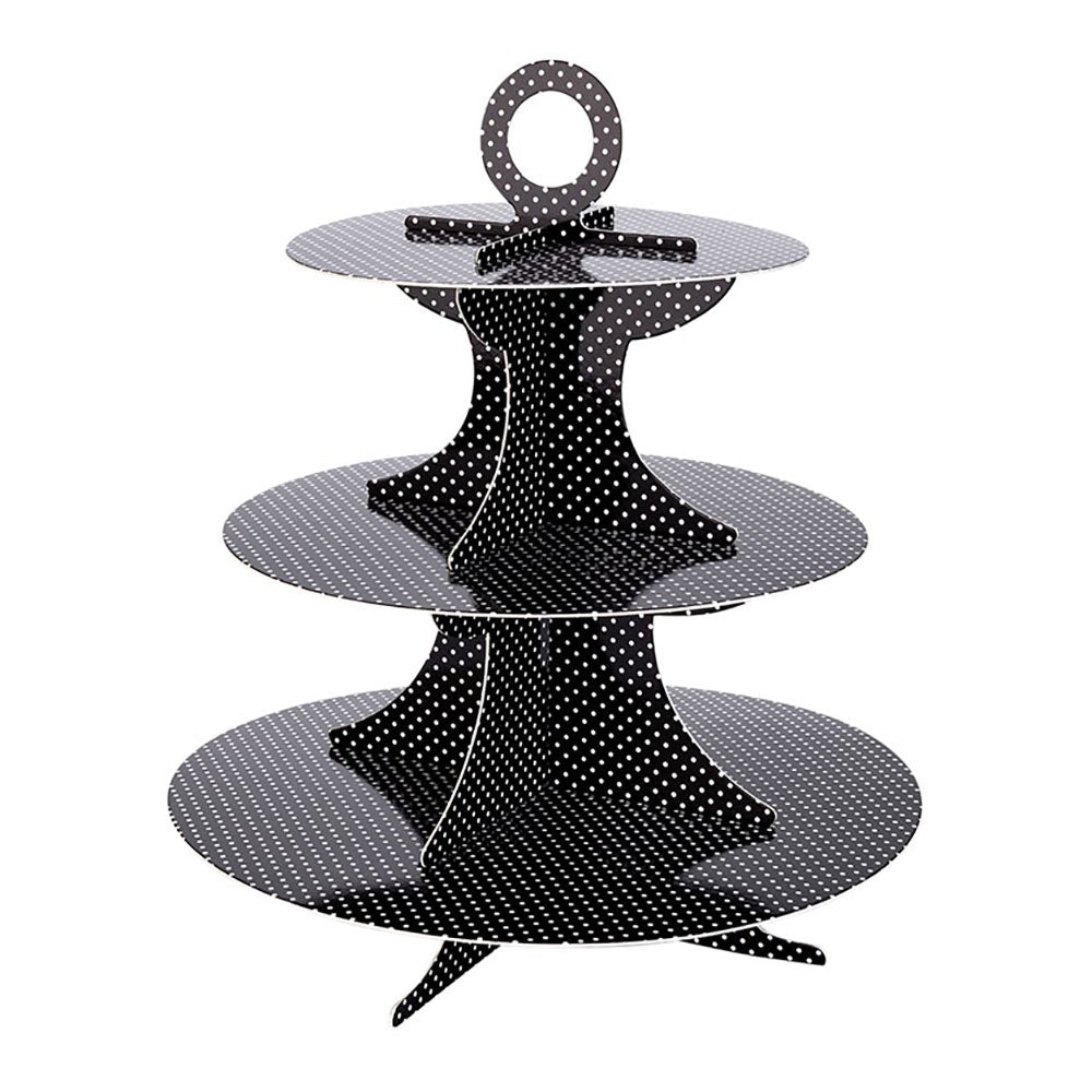 Stand, Cupcake, 3-Tier, Cardboard, Black with White Polka Dots, 13.5 x 13.5 x 14 Inch,1 - 1 EACH