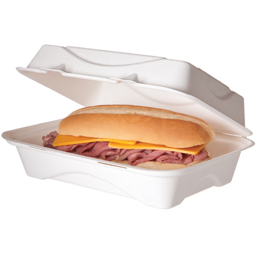 Containers, 1 Compartment, 9 x 6 x 3 Inch, Sugarcane Bagasse, White, Rectangle, Hinged Lid,2 - 125 COUNT