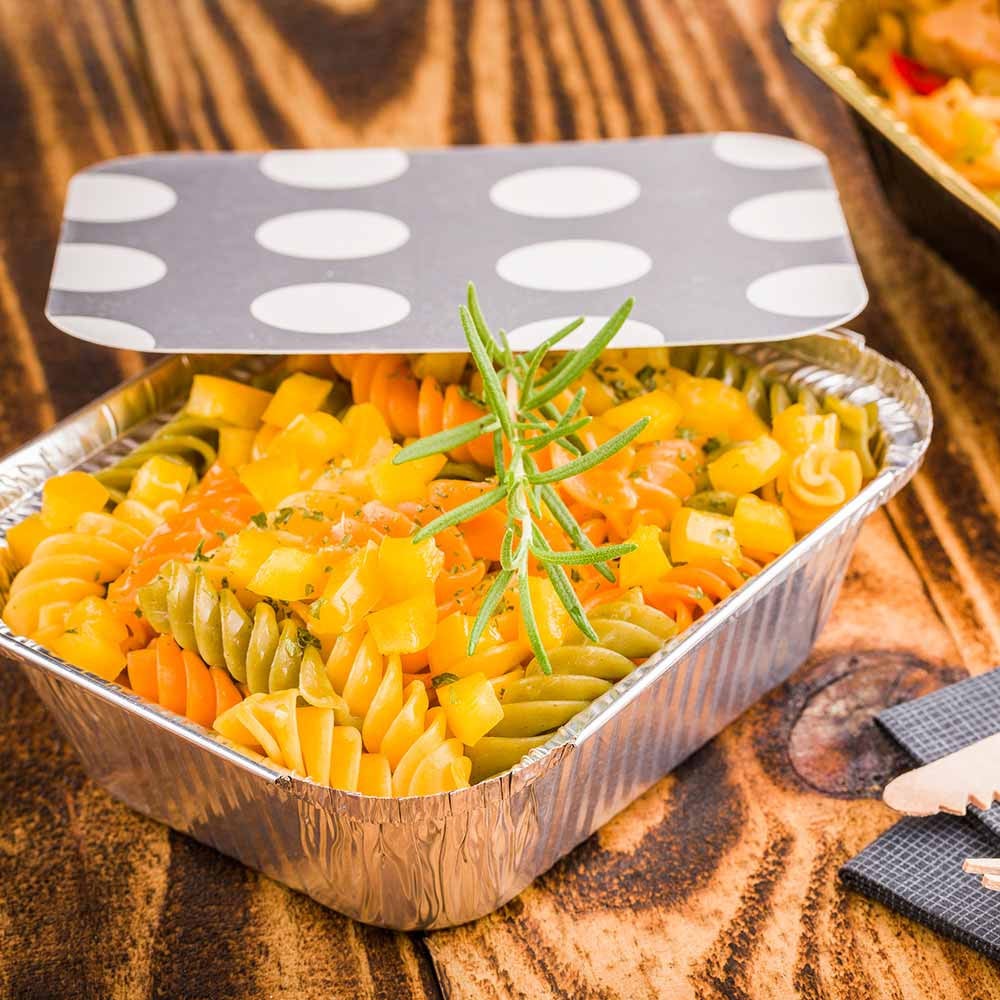 Container, Take-Out, Small 12 Ounce, Silver Foil, Rectangle, with Polka Dot Paper Lid, 12 Ounce,1 - 200 COUNT