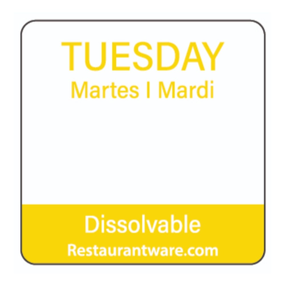 Label, Tuesday Food Rotation, 1 x 1 Inch, Dissolvable, Yellow, Trilingual,1 - 500 COUNT