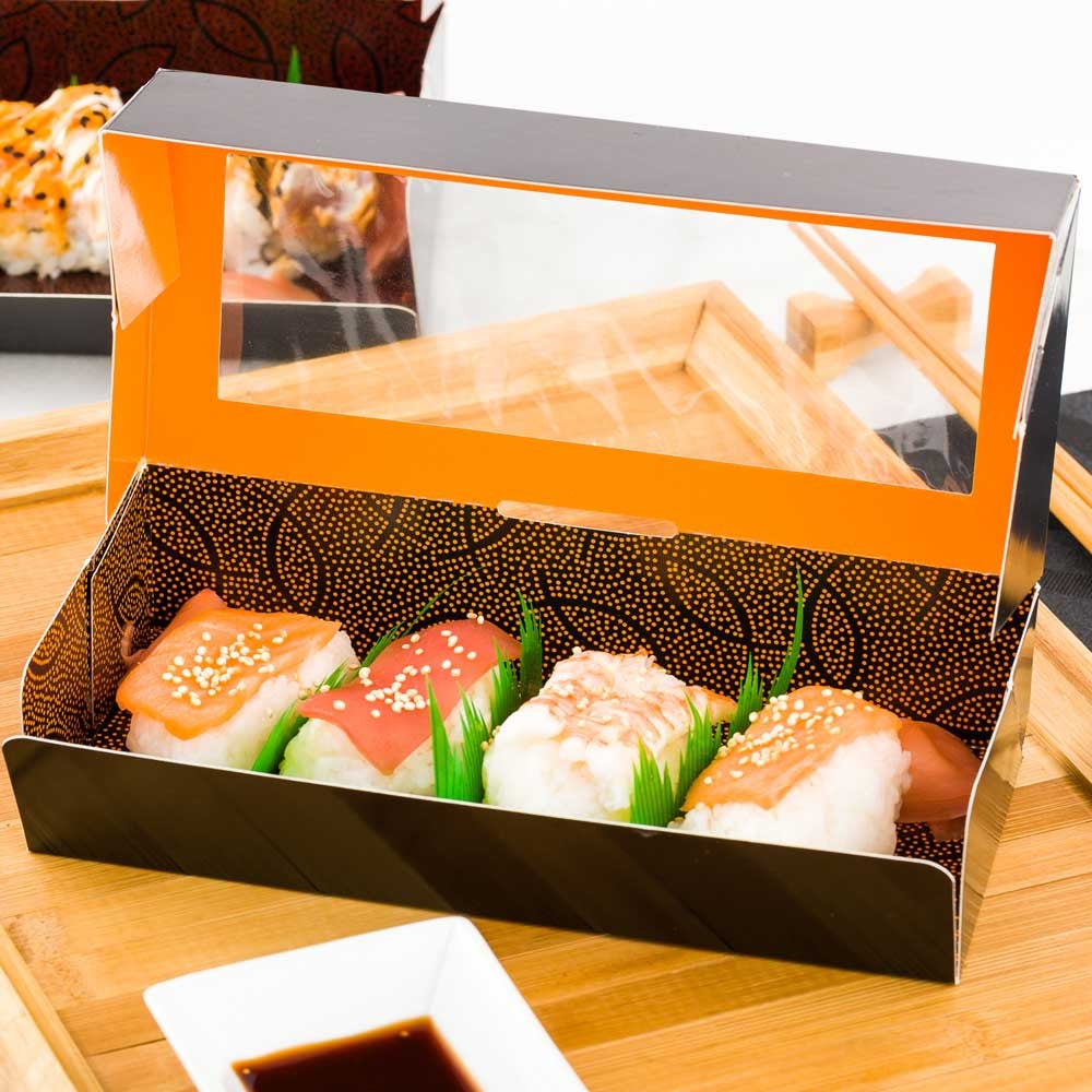 Boxes, Sushi, Medium 8 x 3.5 Inch, Paper, Black, Rectangle, with Window,1 - 200 COUNT