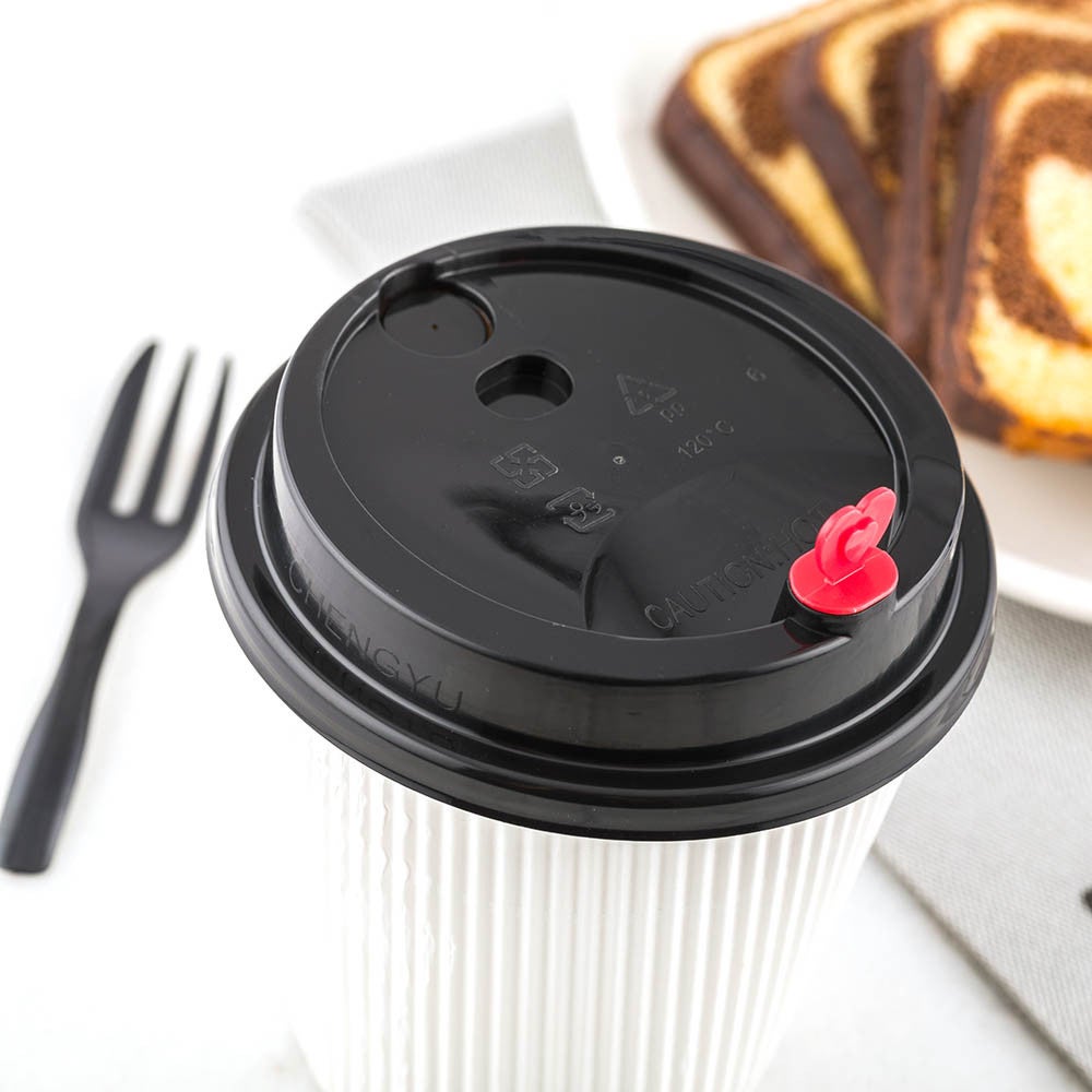 Lids, Flat, Plastic, Black with Red Heart Plug, for 8/12/16 Ounce Cups,1 - 500 COUNT