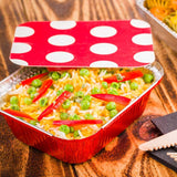 Container, Take-Out, Small 12 Ounce, Red Foil, Rectangle, with Polka Dot Paper Lid, 12 Ounce,1 - 200 COUNT