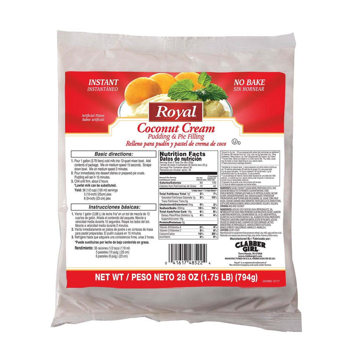 Mix, Pudding & Pie Filling, Coconut Cream, Instant, Shelf-Stable,12 - 28 OUNCE